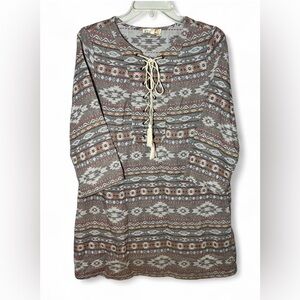 Entro Western Aztec Print Lace Up Tassel Mini Shift Dress Cotton Festival Size M